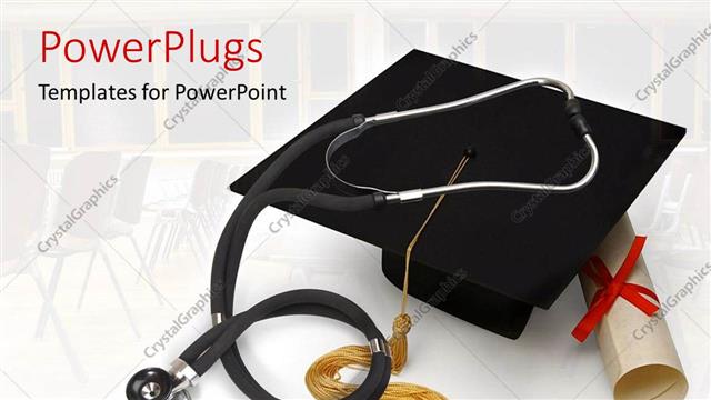  Presentation with graduation white cap - Stethoscope on graduation cap and certificate over white background