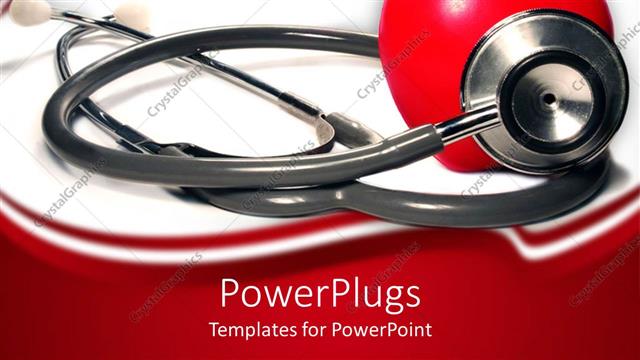  Presentation with medical heart - Stethoscope placed against small red toy heart on white background