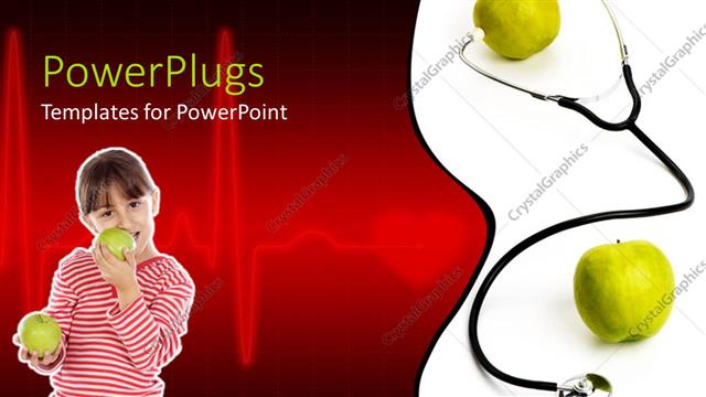  Presentation with heartbeat - Stethoscope testing apple heartbeat with boy eating green apples on red background
