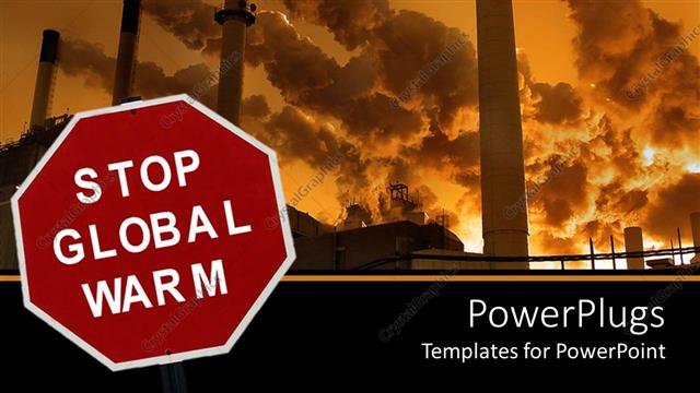  Presentation with stop - Stop global warm sign with smokestacks polluting sky
