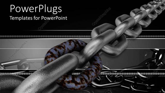  Presentation with bad - Strong chain with silver links and one rusty link in chain on dark gray and black background