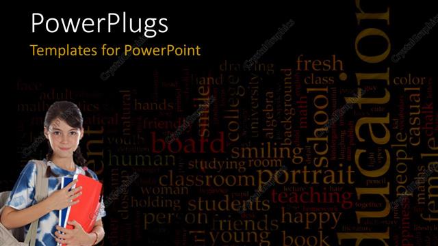  Presentation with cloud - Student with books and school bag in foreground and education world cloud in background