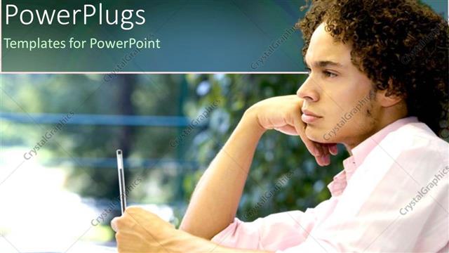  Presentation with study - Student with hand on chin jotting with pen on notepad