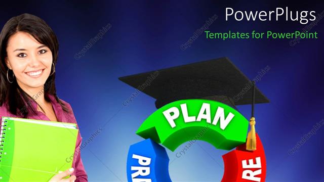  Presentation with strategy plan - Student smiling and strategy for success plan, prepare, practice with blue color