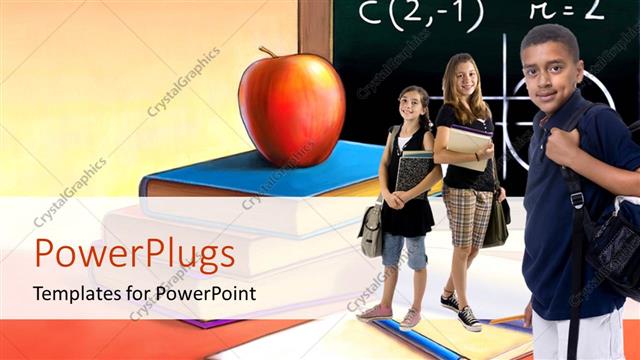  Presentation with home - Students in classroom with red apple on book and formula on chalkboard