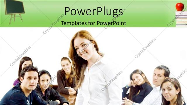  Presentation with students - Students sitting together poses for group picture with leader sitting on desk