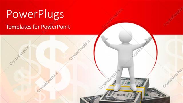  Presentation with bills - Success depiction with 3D man standing on stacks of dollar bills