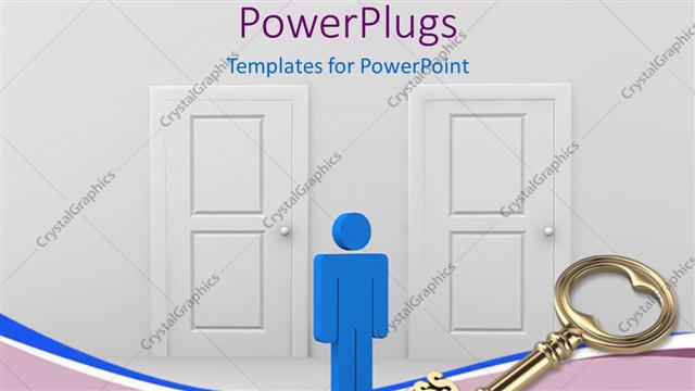  Presentation with man door - SUCCESS key with blue 3D man faced with two doors