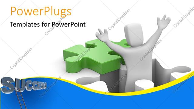  Presentation with successful - 3D man with raised hands emerges from position of missing puzzle piece