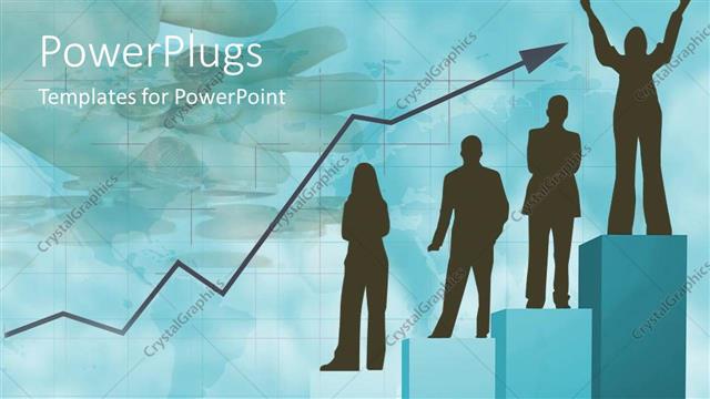  Presentation with business success - Success metaphor with business people standing on bar graph with upward trend line, hand holding coins in background