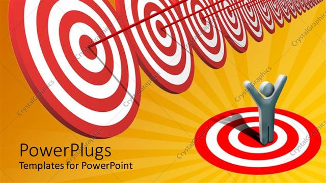  Presentation with targets - Success metaphor with man celebrating while arrows hit bulls eye on targets