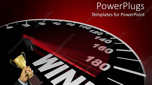  Presentation with gold trophy - Success metaphor with speedometer pointing to the world win, hand holding gold trophy