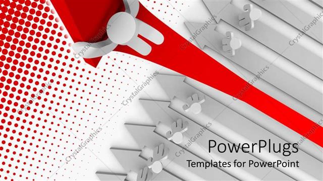  Presentation with crowd - Success metaphor with white person holding red up arrow with crowd watching from below