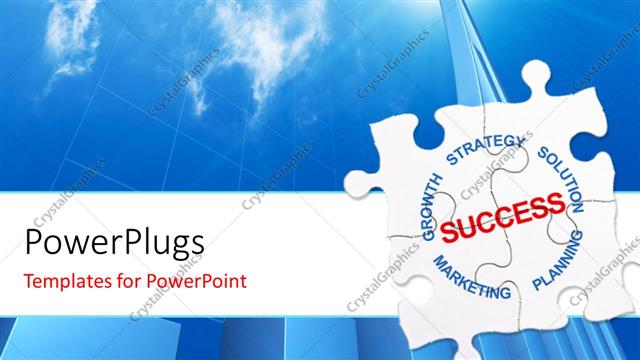  Presentation with success - SUCCESS puzzle with blue arrow rising into blue cloudy sky