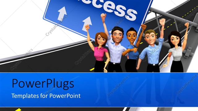  Presentation with successful - Success road sign over clean Highway and team with hands raised?