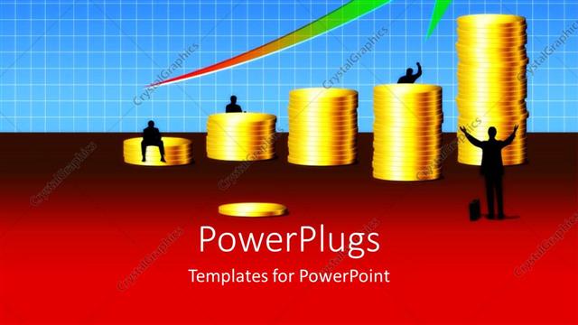  Presentation with gold red - Successful businessman with pile of gold coins on red platform