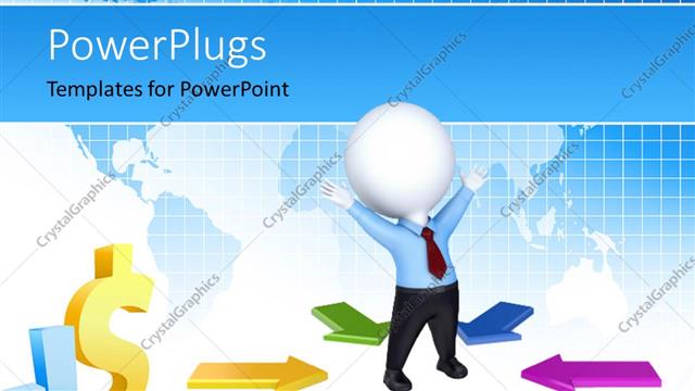  Presentation with dollar sign - Successful businessman with yellow dollar sign and colorful arrows over world map