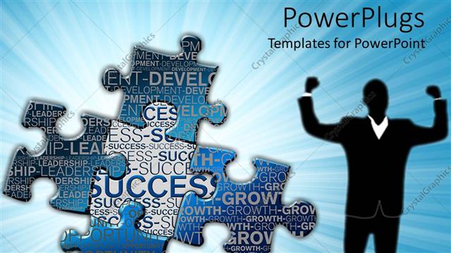  Presentation with successful - Successful man punching the air with jigsaw puzzle pieces and success texts