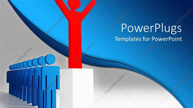  Presentation with waiting line - Successful red man celebrating in podium with other waiting in line?