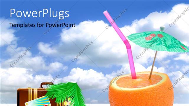  Presentation with vacation - Summer vacation depiction with straw and green parasol in orange