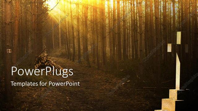  Presentation with religion - Sun rays penetrating through trees with cross in background