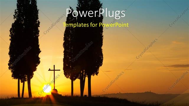  Presentation with lonely - Sun rising on cross between two cypress trees?