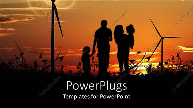  Presentation with turbine - Sun set view of a family of four walking in between wind turbines