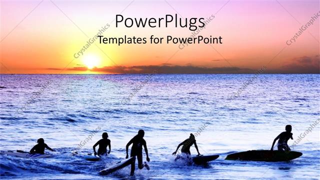  Presentation with water sports - Sun set view of surfers coming out of an ocean