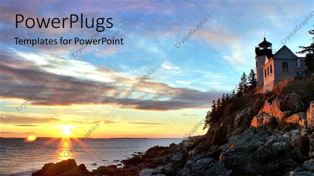  Presentation with horizon - Sunrise in horizon over Bass Harbor with beautiful building on mountain top