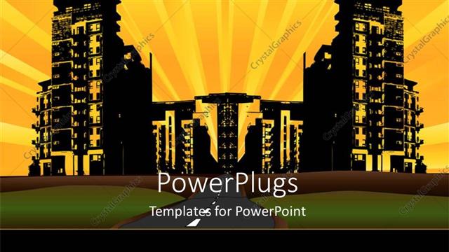  Presentation with urban green - Sunrise over urban city with green lawn, highway and skyscrapers