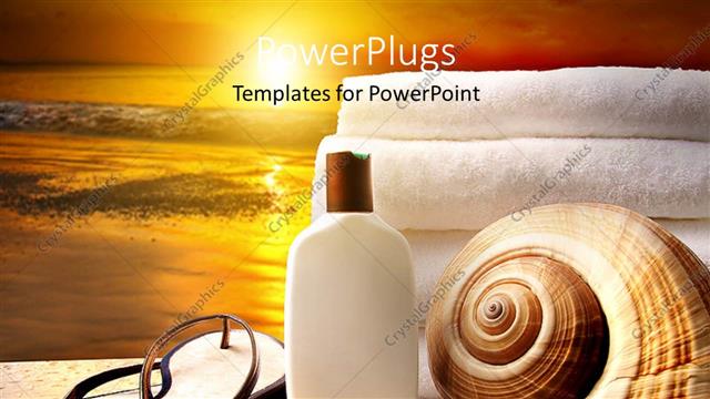  Presentation with sea shell - Sunset over sea surface with towel, cream and oyster shell on beach