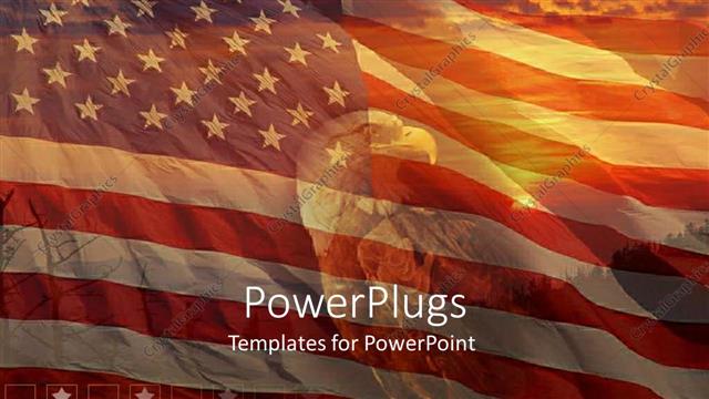  Presentation with bald - A sunset view of a bald head eagle over an American flag