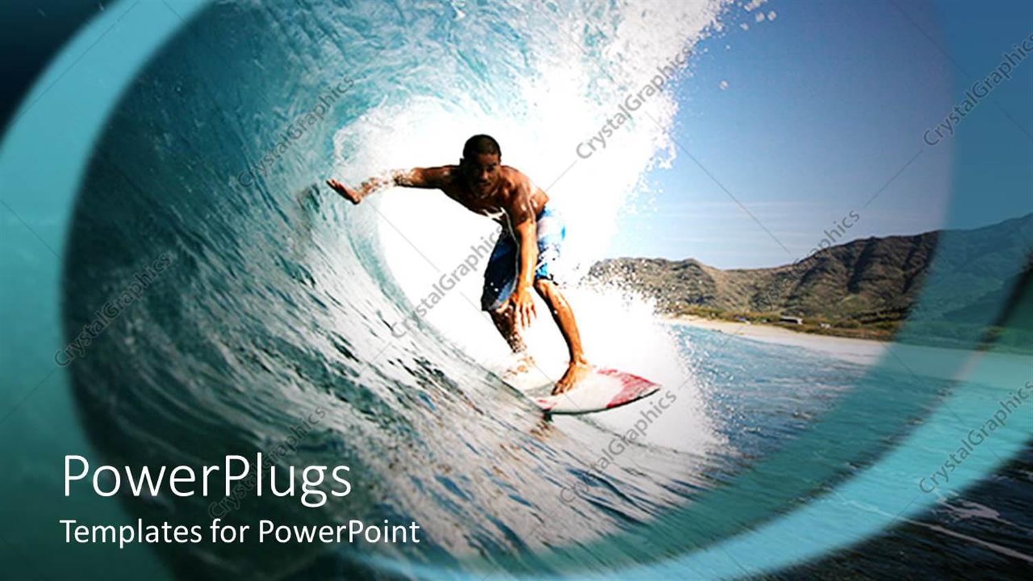 Featuring Surfer Riding a Wave, Blue Sky, Mountains