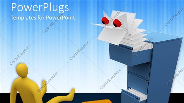 Presentation with cabinet - Surprised yellow figure sitting on floor next to dropped briefcase looking at paper monster emerging from file cabinet