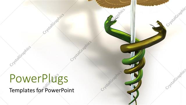  Presentation with medical caduceus - Symbol of caduceus with two green snakes and reflection on white background