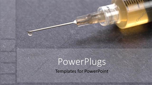  Presentation with drop - Syringe with needle filled with medicinal solution and liquid drop at the end of needle