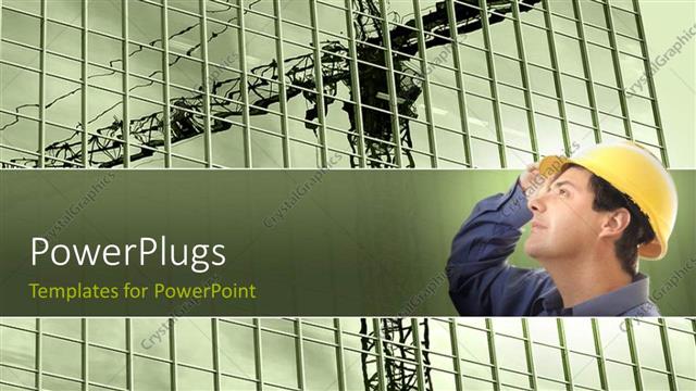  Presentation with tall - A tall sky scrapper with a construction worker standing in front