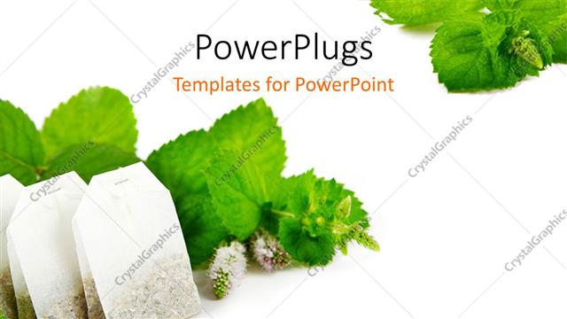  Presentation with tea leaves - Teabags and fresh mint leaves on a white background