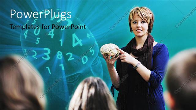  Presentation with school children - Teacher holding model of brain, head full of numbers