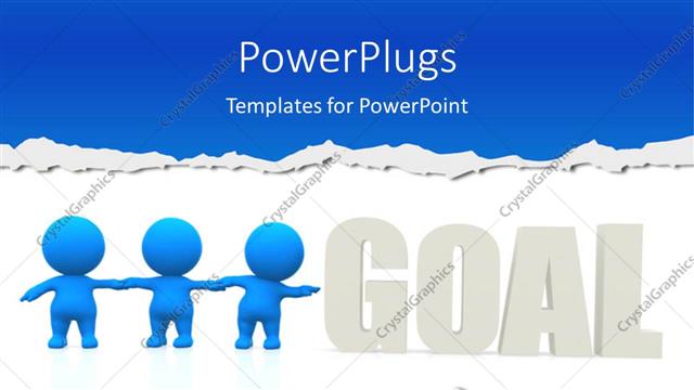  Presentation with stretching - Team of 3D blue colored men stretching towards a set GOAL