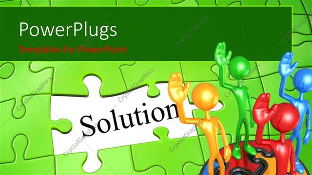  Presentation with puzzle green - Team of 3D men stand on green puzzle with missing piece