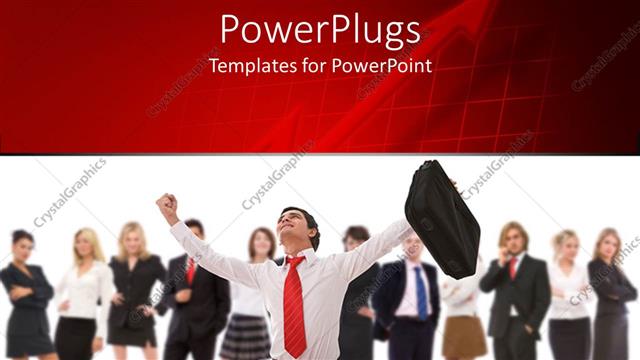  Presentation with business success - Team of business people with happy business man holding suitcase in raised hand