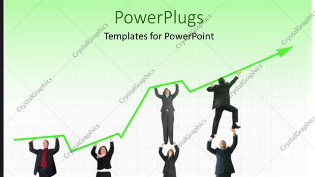  Presentation with team working together - Team of business people working together to push green arrow upside