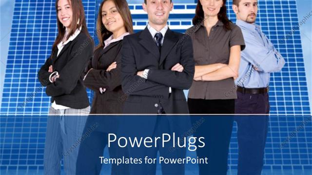  Presentation with women leadership - Team of five business people, three women and two men with crossed arms standing in front of office buildings