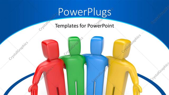  Presentation with welcome - Team of four different colored men standing together in blue circle