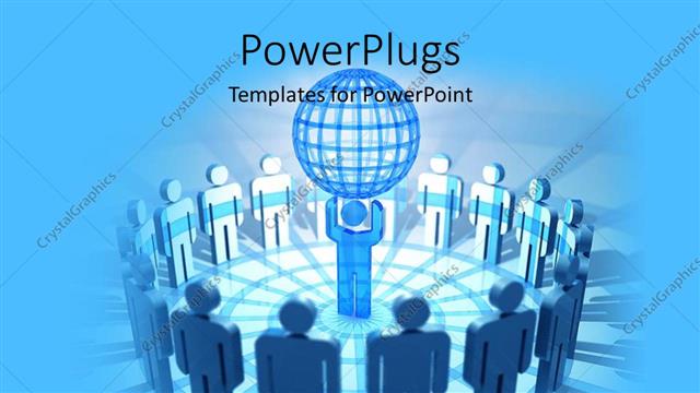  Presentation with team leader - Team leader carrying wired globe overhead surrounded by 3D men