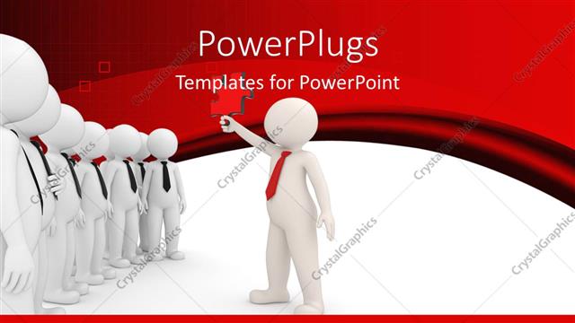  Presentation with team leader - Lots of withe colored 3D characters standing on a line with one in front holding a puzzle piece