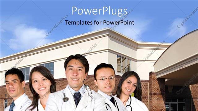  Presentation with team building - Team of medical doctors with stethoscope across neck with hospital building