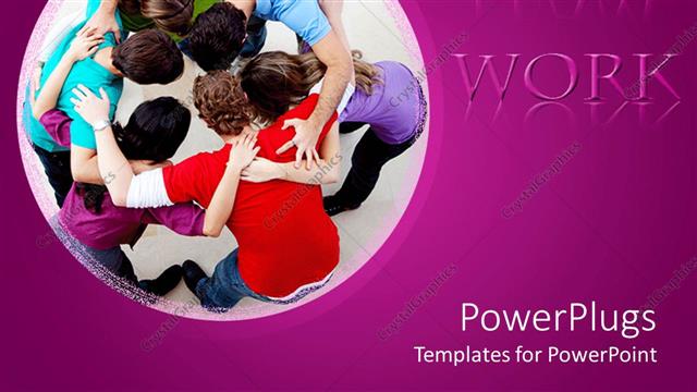  Presentation with team work - Team of men and women forming a circle and team work words on purple background