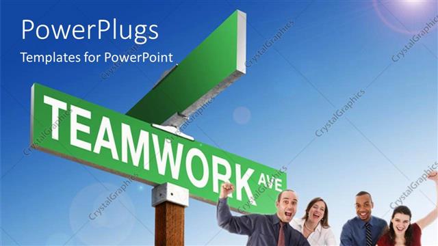  Presentation with team hands - Team put hands together with green TEAMWORK signpost over blue sky